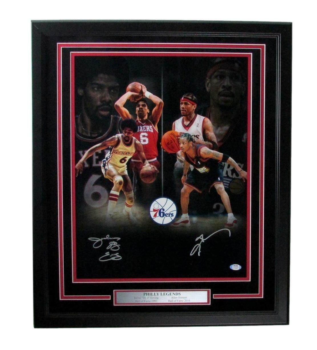 Framed Philadelphia 76ers signed print featuring Allen Iverson. Black frame with red accents. Players in action.