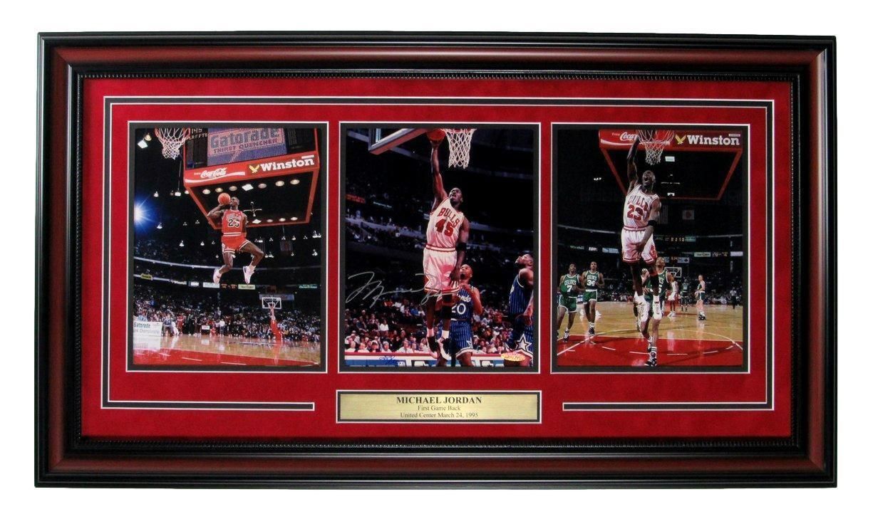 Michael Jordan dunking, framed triptych, red and black, basketball game.