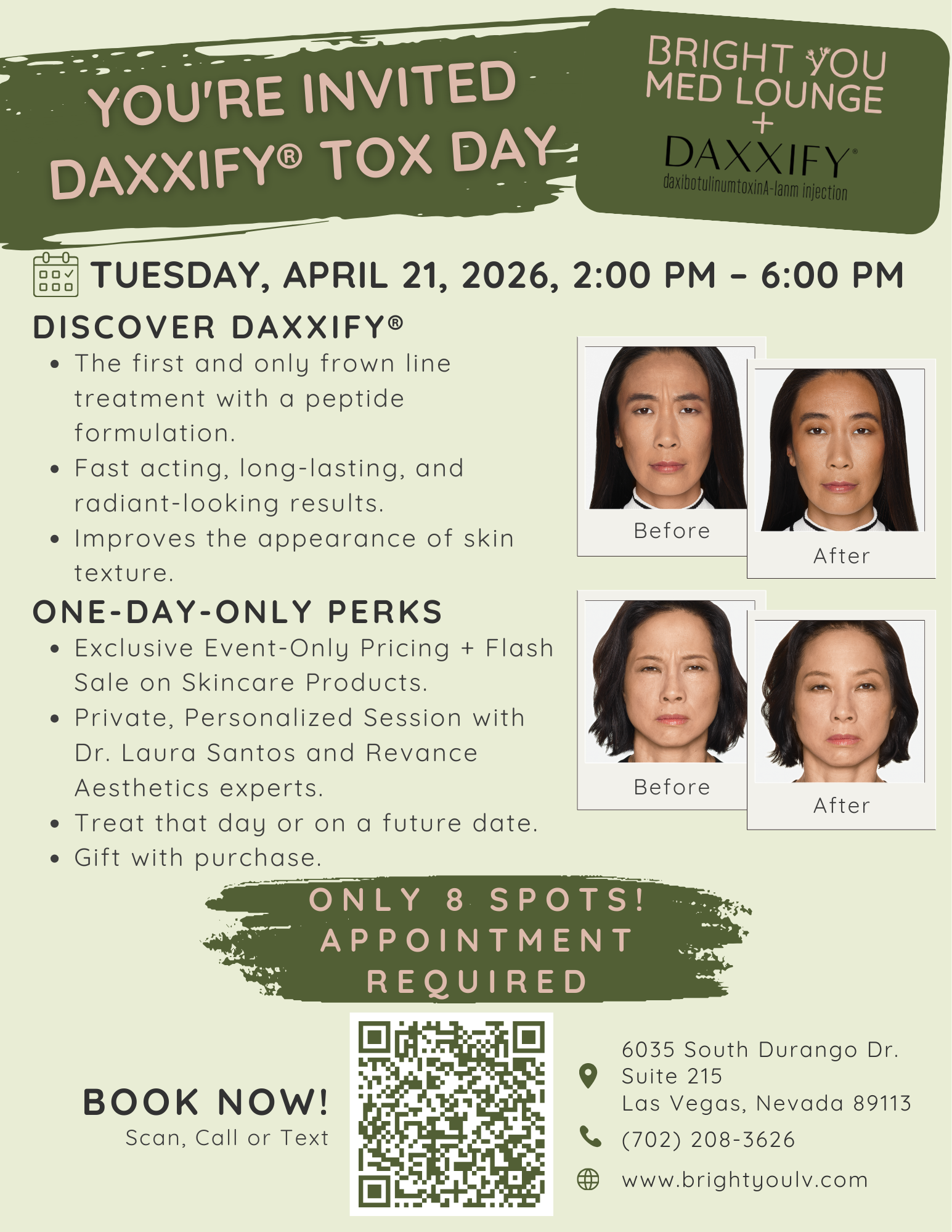 A flyer for a Daxxify Tox Day event on April 21, 2026, at Bright You Med Lounge in Las Vegas, including booking details.