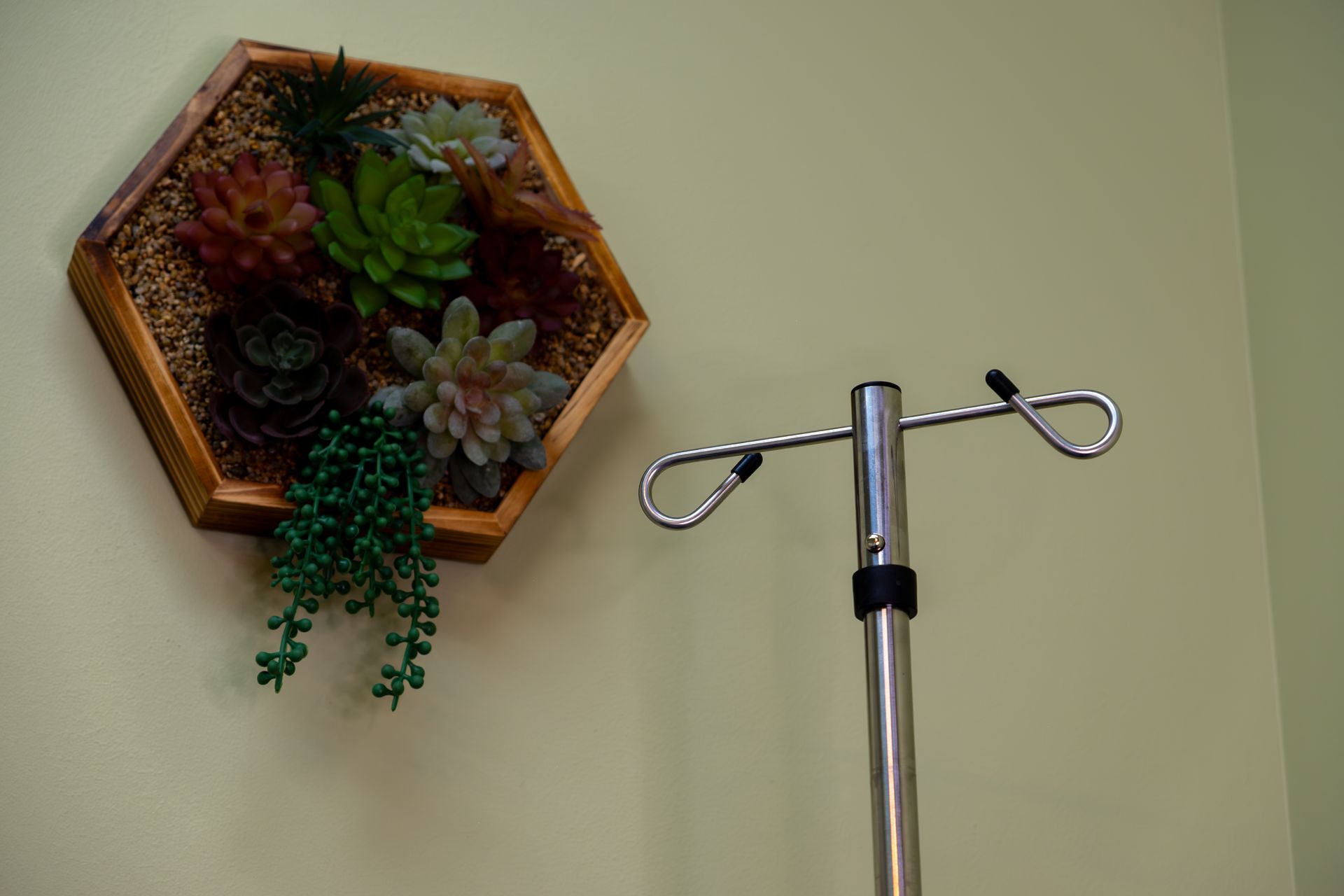 There is a picture of flowers on the wall next to an iv pole.