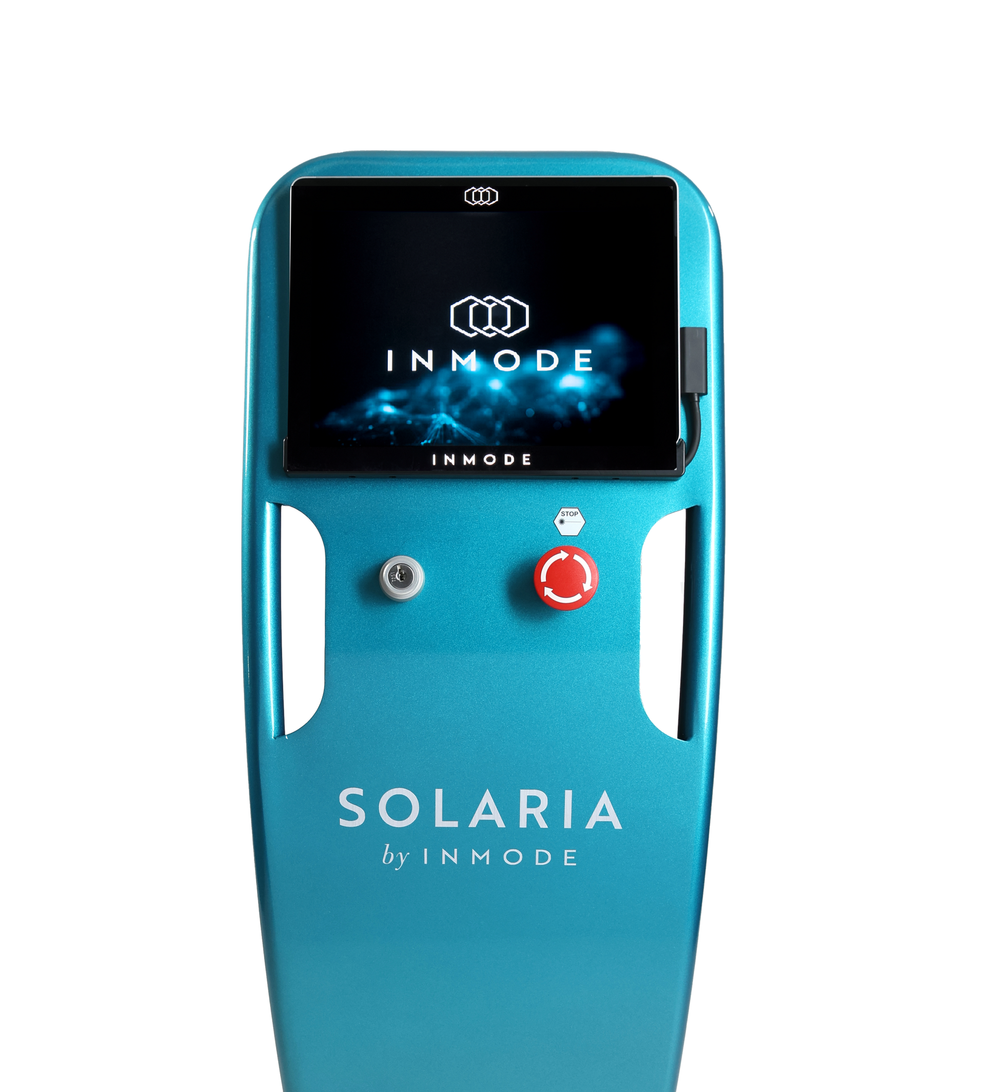 A blue machine with wheels and a screen that says solaria on it.