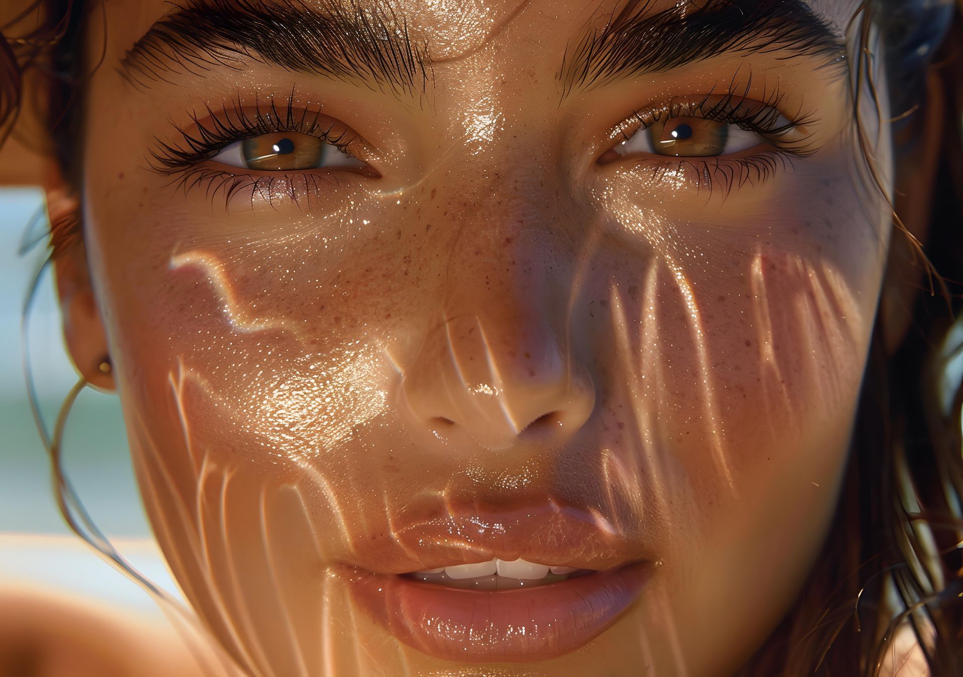 A close up of a woman 's face with the sun shining on it.