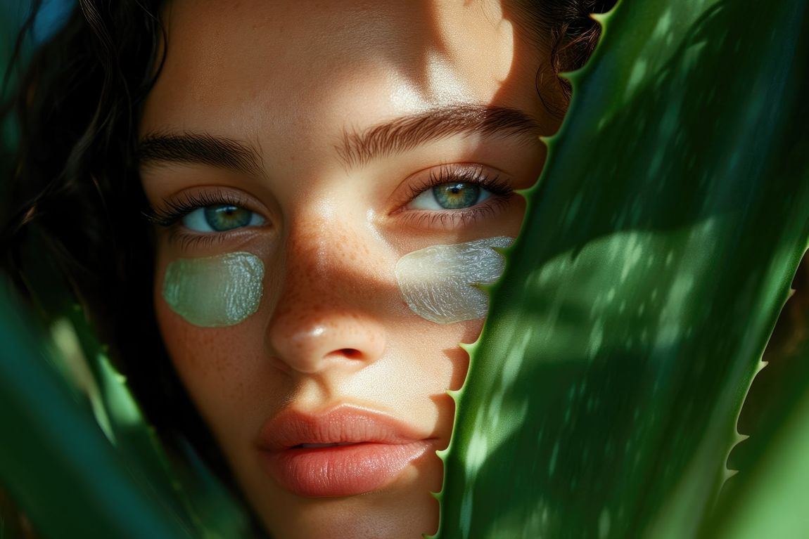 A close up of a woman 's face behind an aloe vera leaf.