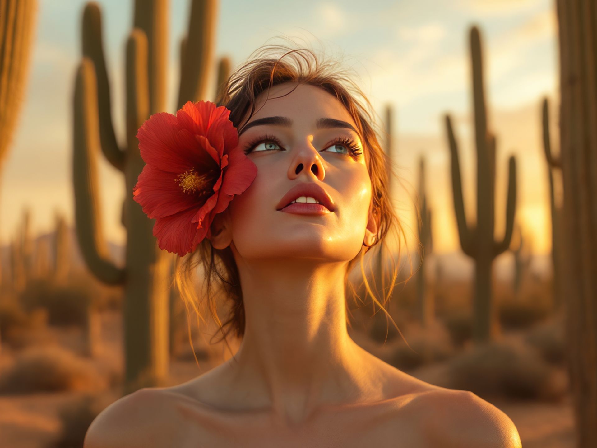 A woman with a red flower in her hair is standing in front of a cactus.