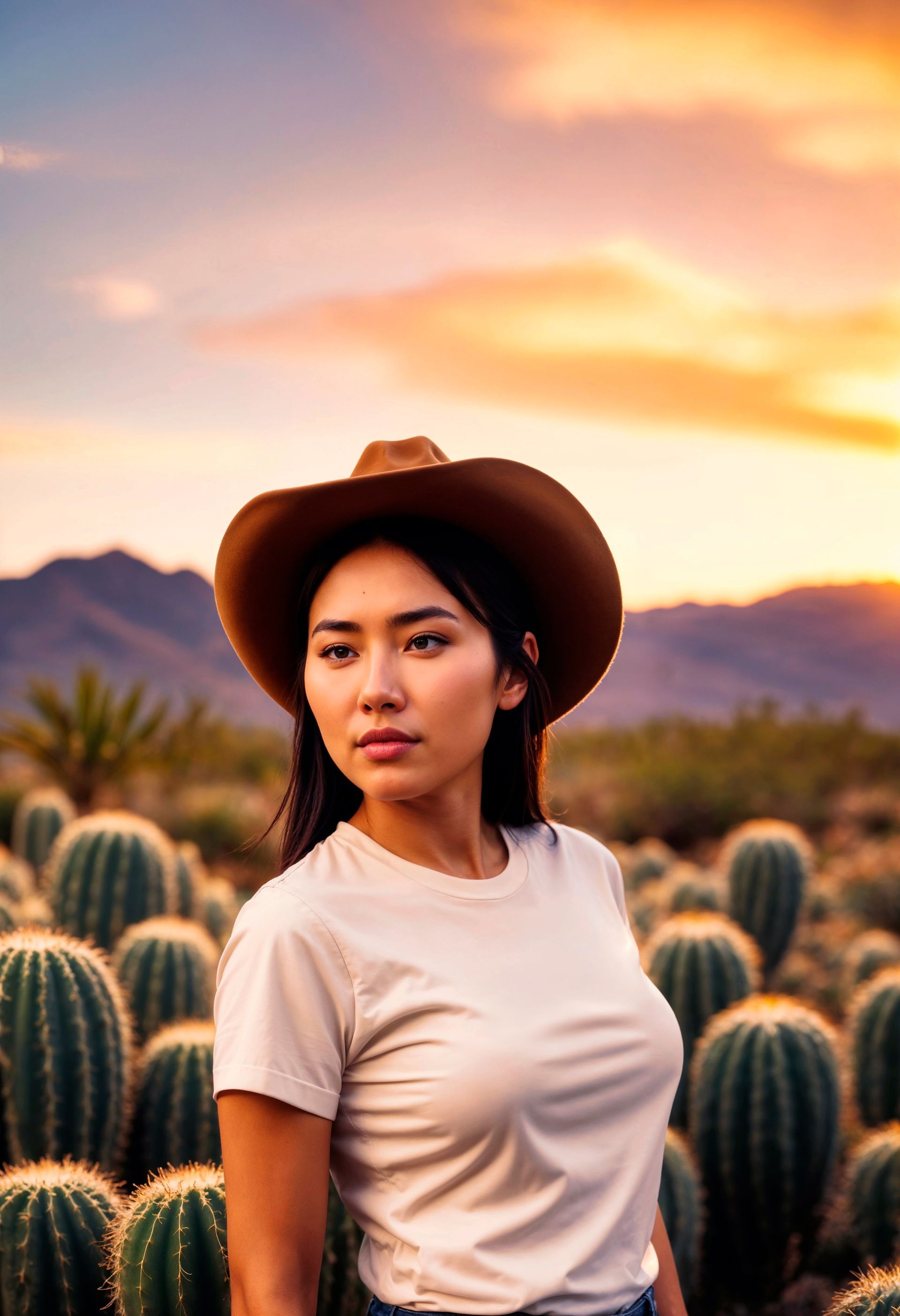A woman wearing a cowboy hat is standing in a field of cactus.