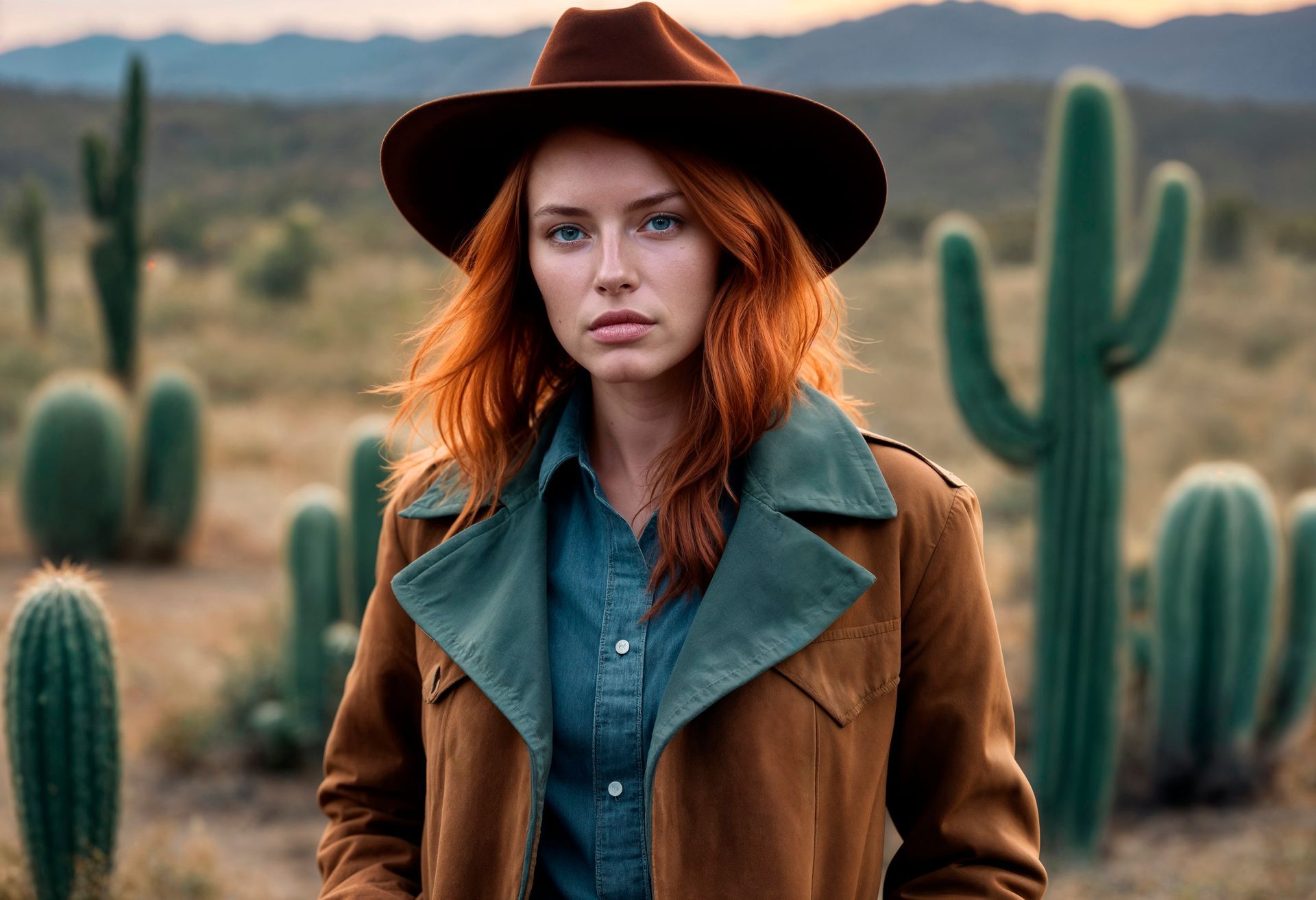 A woman wearing a hat and a coat is standing in front of a field of cactus.