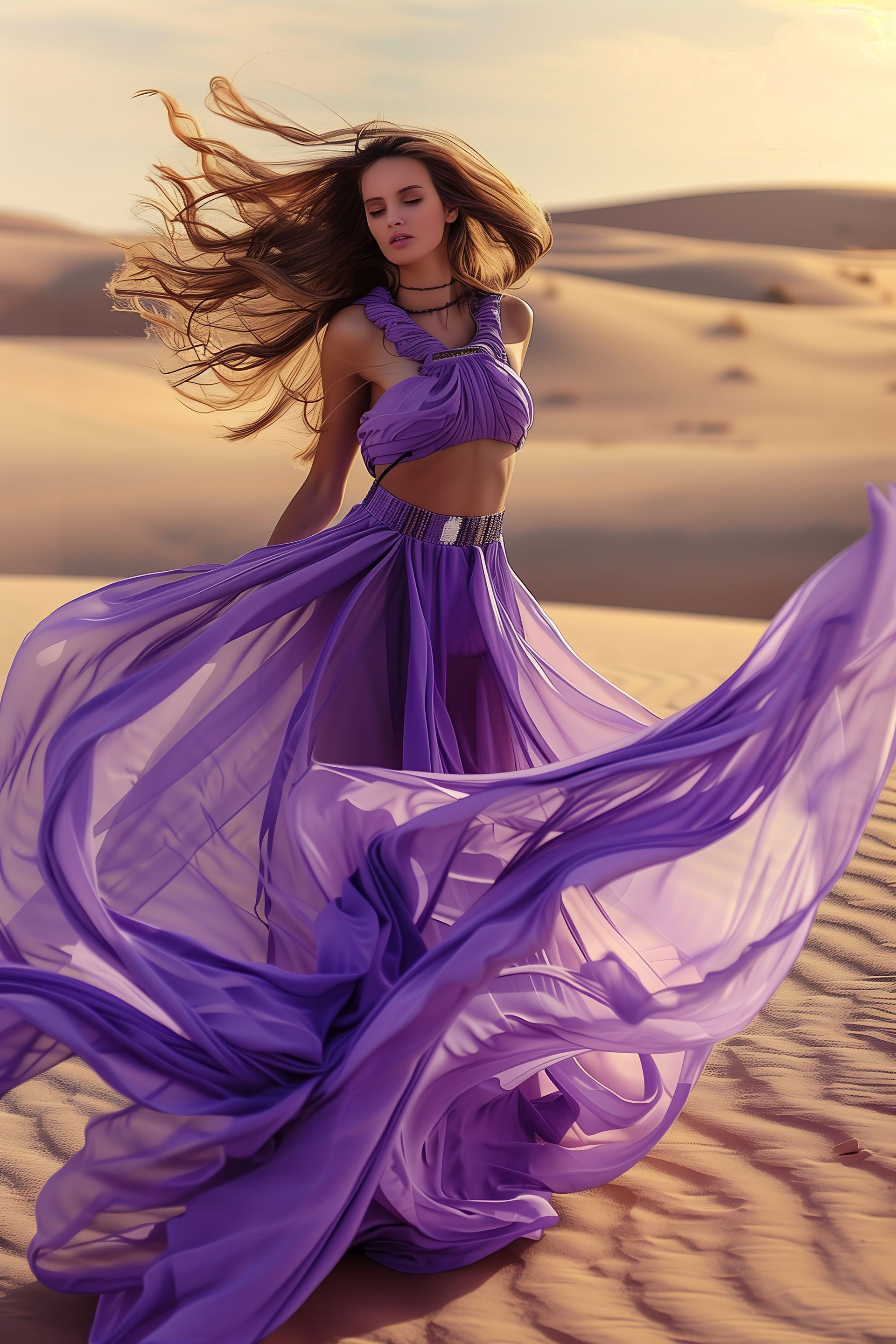 A woman in a long purple dress is dancing in the desert.