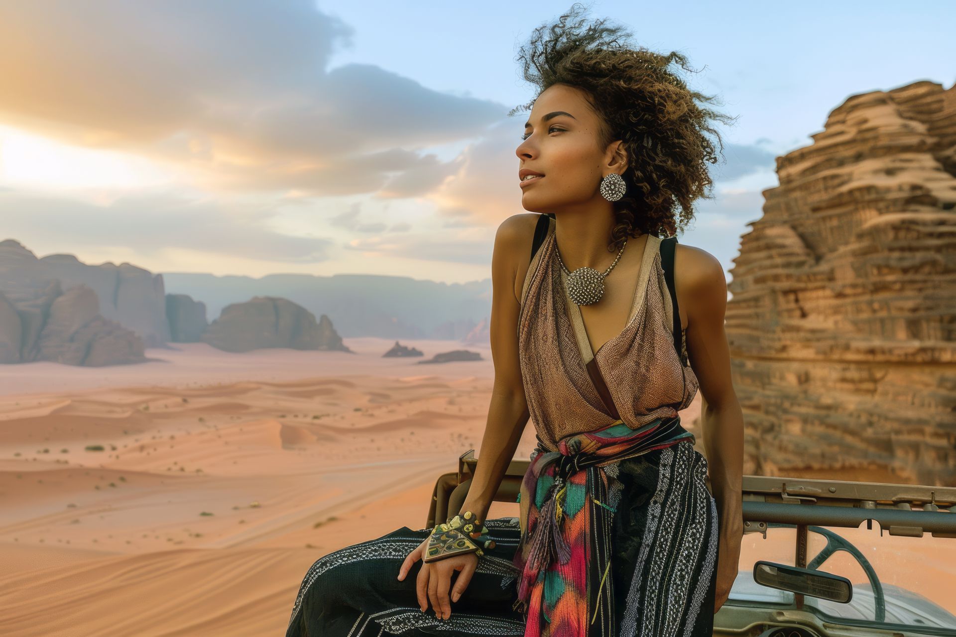 A woman is sitting on the back of a vehicle in the desert.