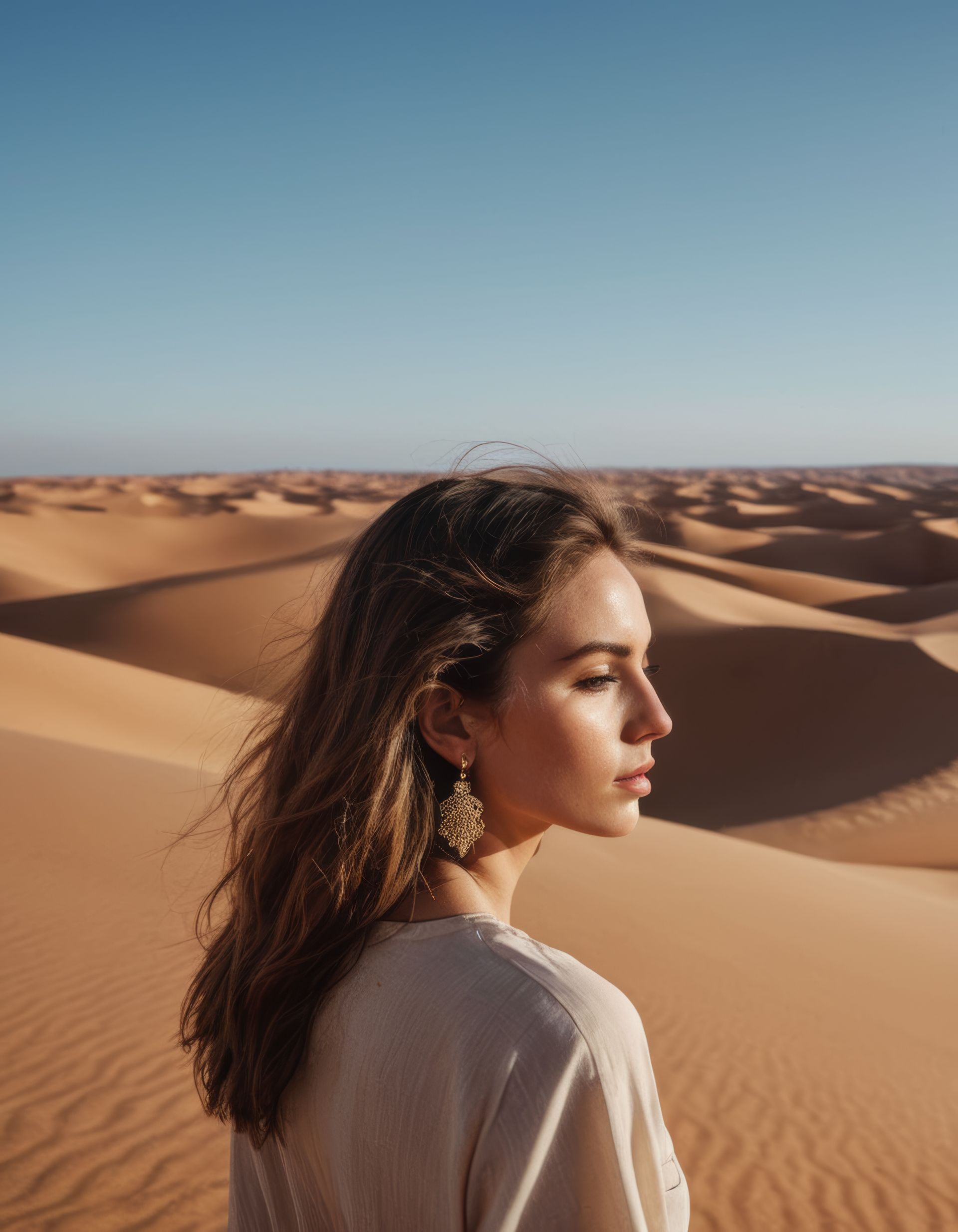 A woman is standing in the middle of a desert looking at the sand dunes.