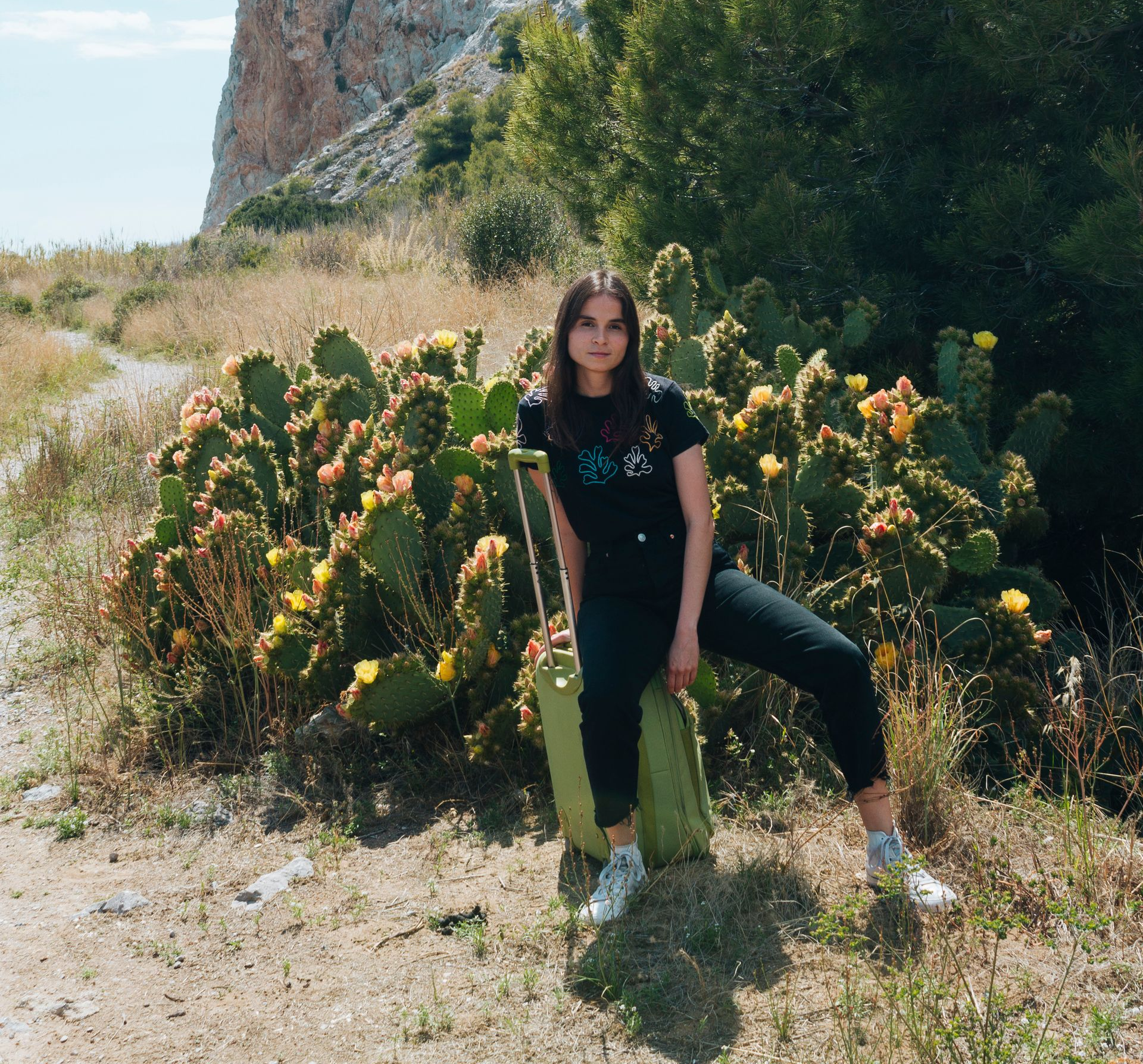 A person sitting on a suitcase in front of a prickly pear cactus bush on a sunny, grassy hillside.