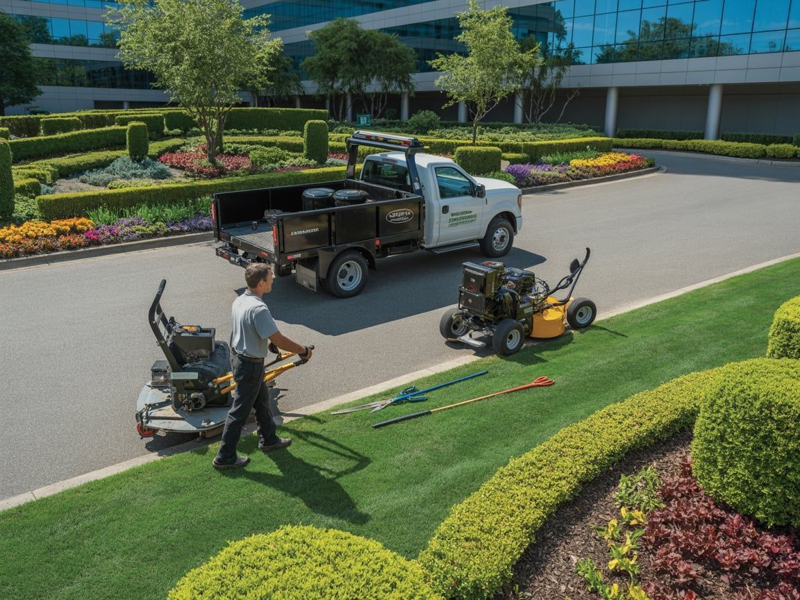 Man mowing grass with equipment near a truck parked by a building.