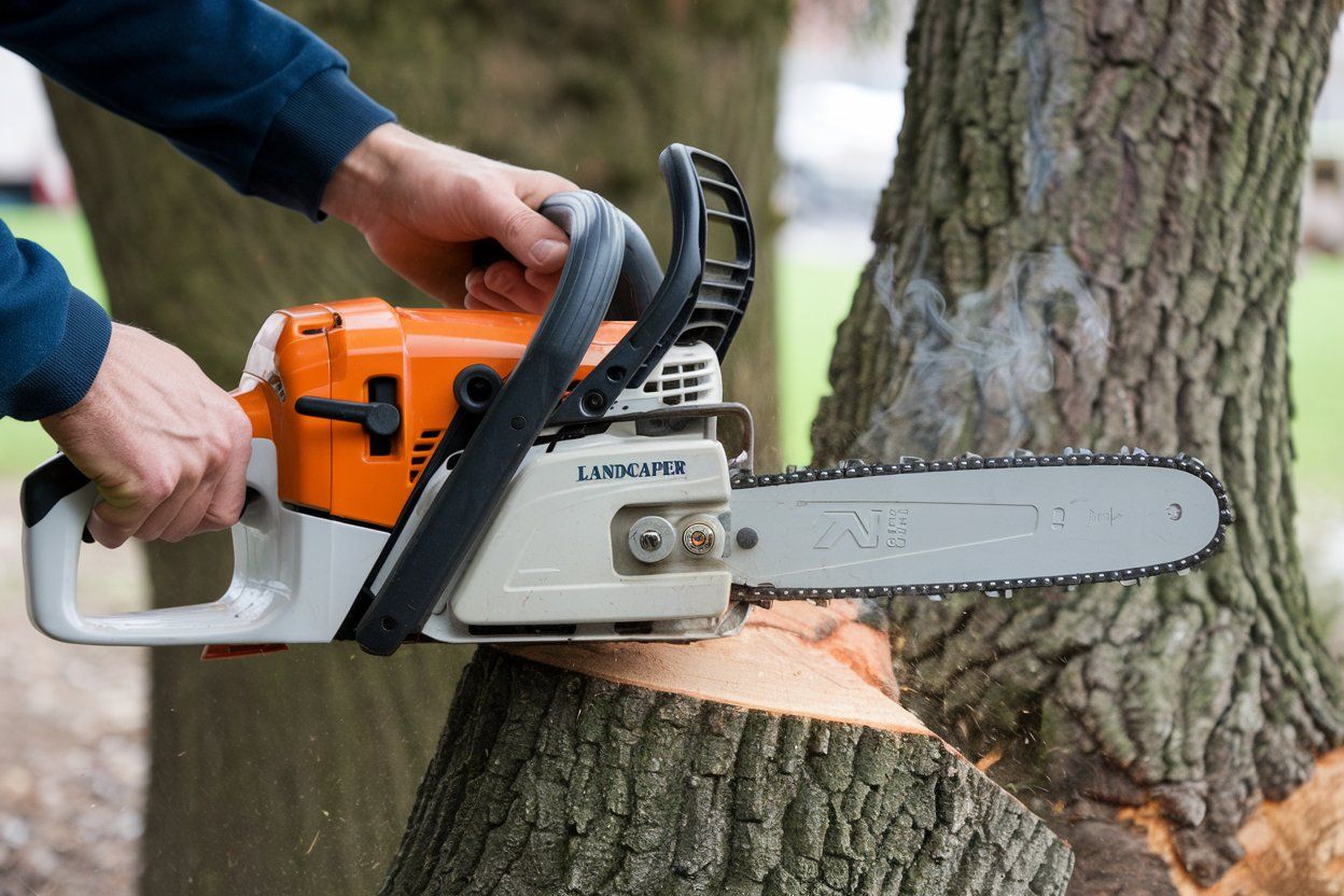 A man is cutting a tree with a chainsaw.