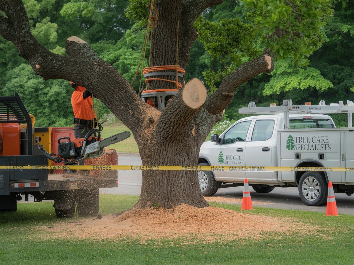 Tree service worker cutting tree branches with a chainsaw near a white truck. Sawdust covers the ground.