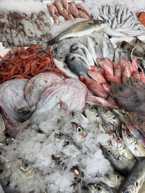 Interno del ristorante con tavoli e sedie, pareti in pietra anticata e parete decorativa a strisce con decorazioni a forma di pesce.