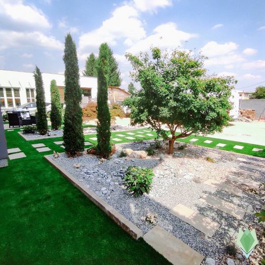Un rigoglioso giardino verde con alberi e rocce di fronte a una casa.
