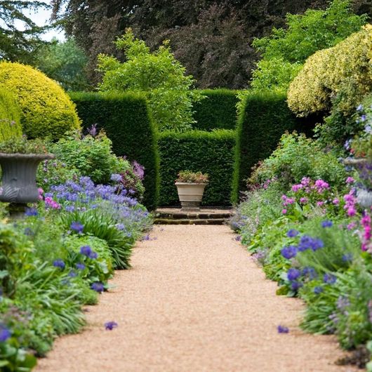Un sentiero in un giardino con fiori viola e rosa