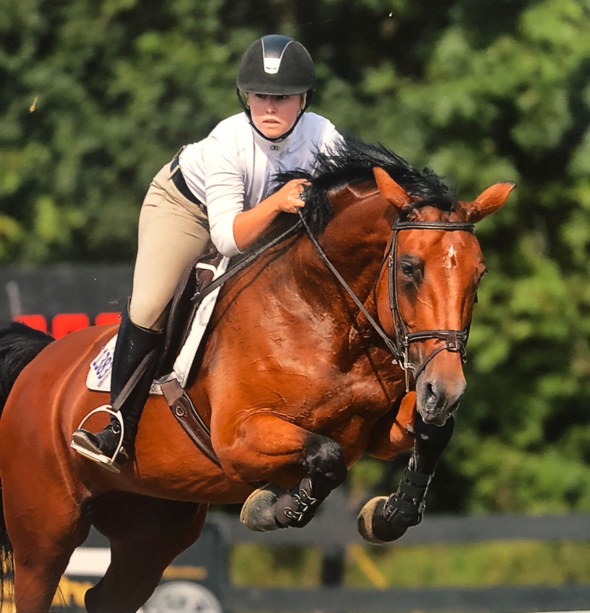 A woman is riding a brown horse in a ring