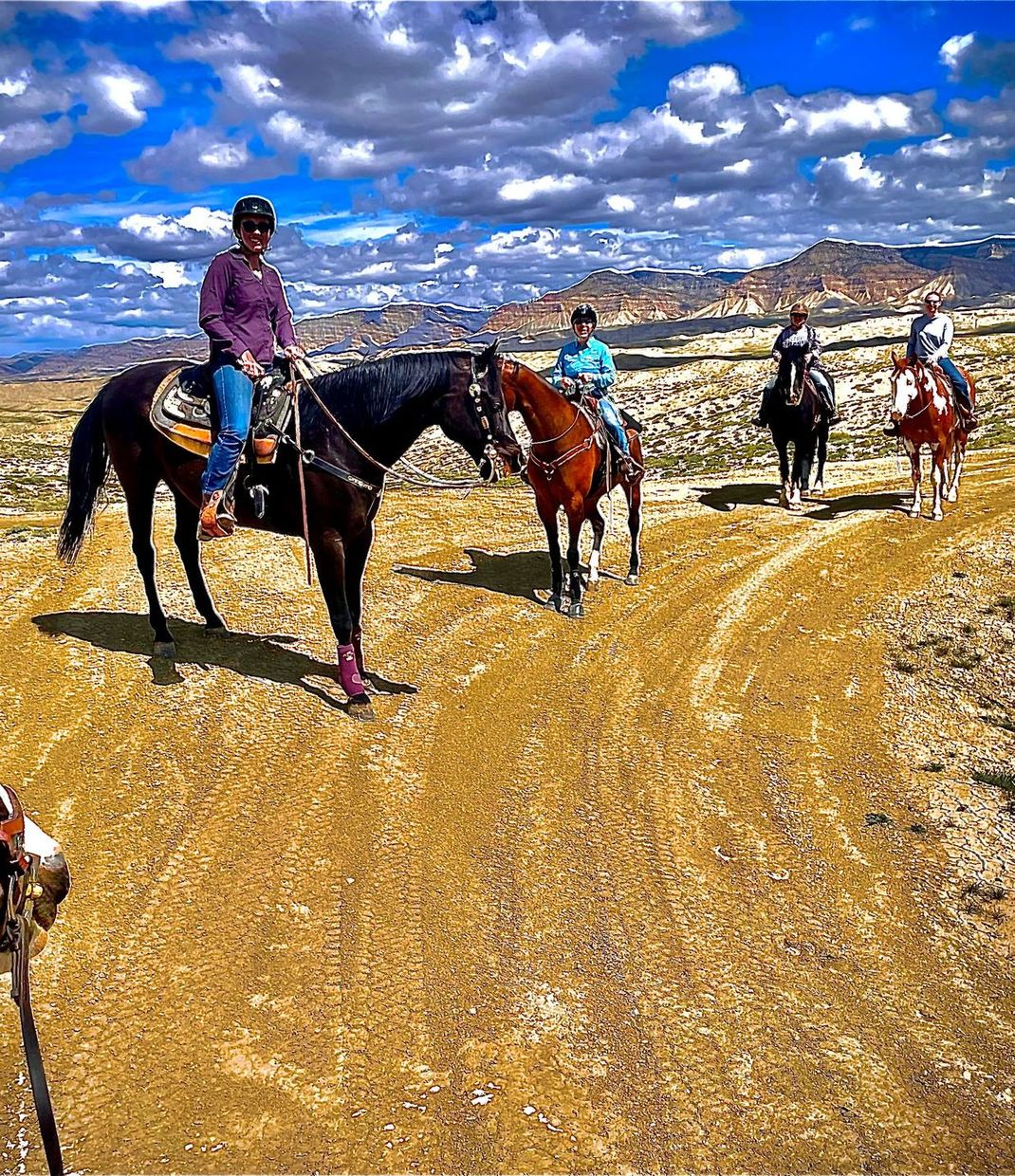A man and a woman are riding horses in a field.