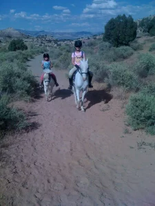 Two people are riding horses on a dirt road.