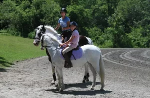 Two people are riding horses on a dirt road.