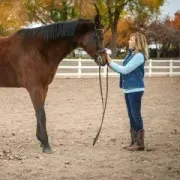 A woman is standing next to a brown horse in a dirt field.