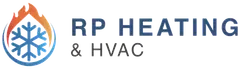 Logo of RP Heating & HVAC. It features a combined flame and snowflake design with dark blue text.