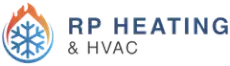 Logo of RP Heating & HVAC. It features a combined flame and snowflake design with dark blue text.