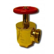 A brass fire valve with a red handle on a white background.