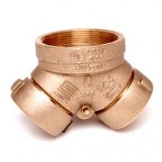 A close up of a brass fire hydrant splitter on a white background.