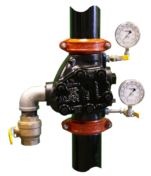 A black pipe with two gauges attached to it