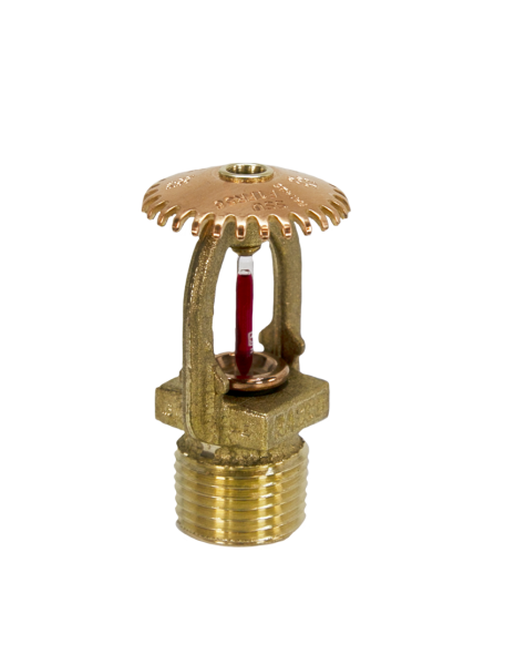 A brass fire sprinkler with a red hose attached to it.
