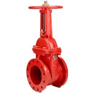 A red gate valve with a red handle on a white background.