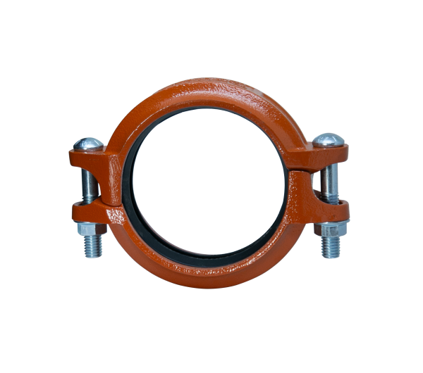 A red pipe clamp with two nuts on a white background