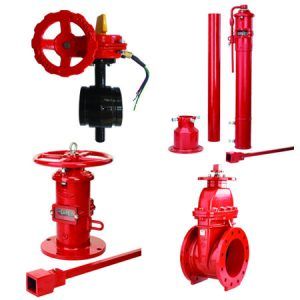 A variety of red fire hydrants and valves on a white background.