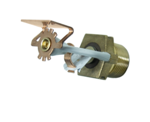 A close up of a fire sprinkler on a black background.