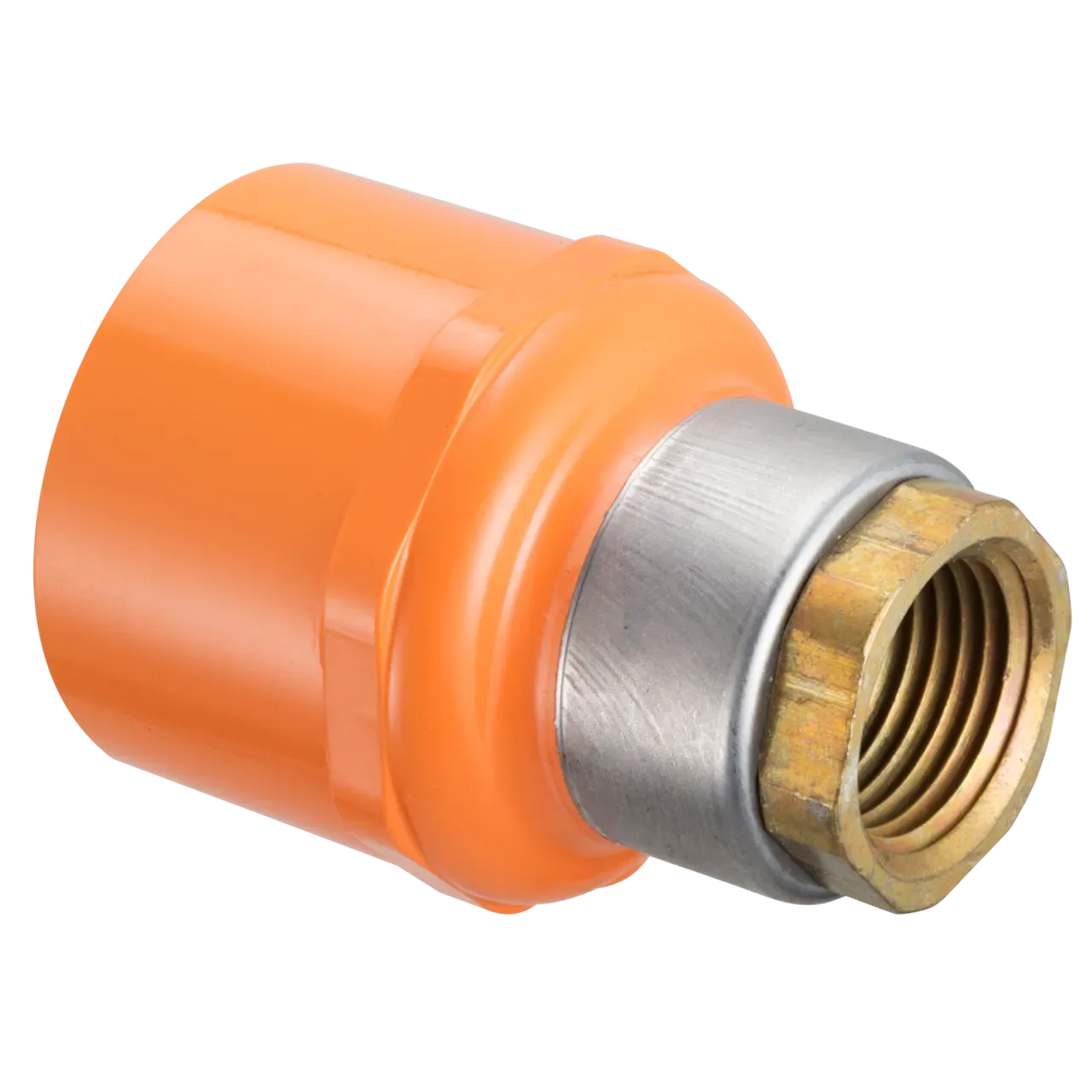 A close up of an orange pipe with a brass fitting