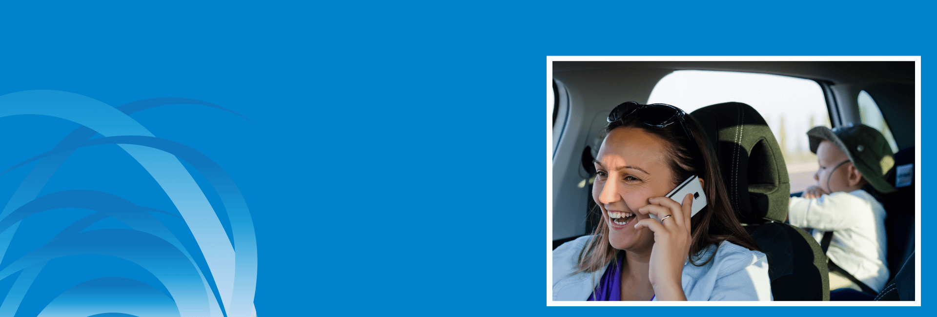 blue background with swirls and a photo of a laughing woman driving