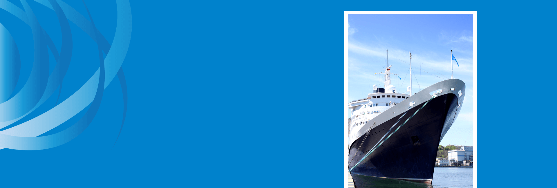 blue background with lighter and darker swirls and a photo of  a cruise ship