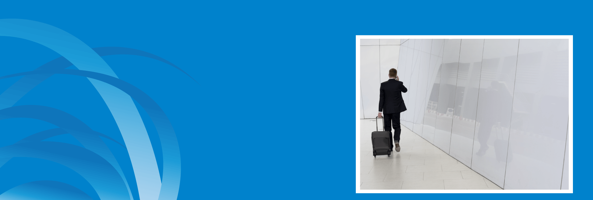 blue background with swirls and a photo of a businessman walking to a terminal