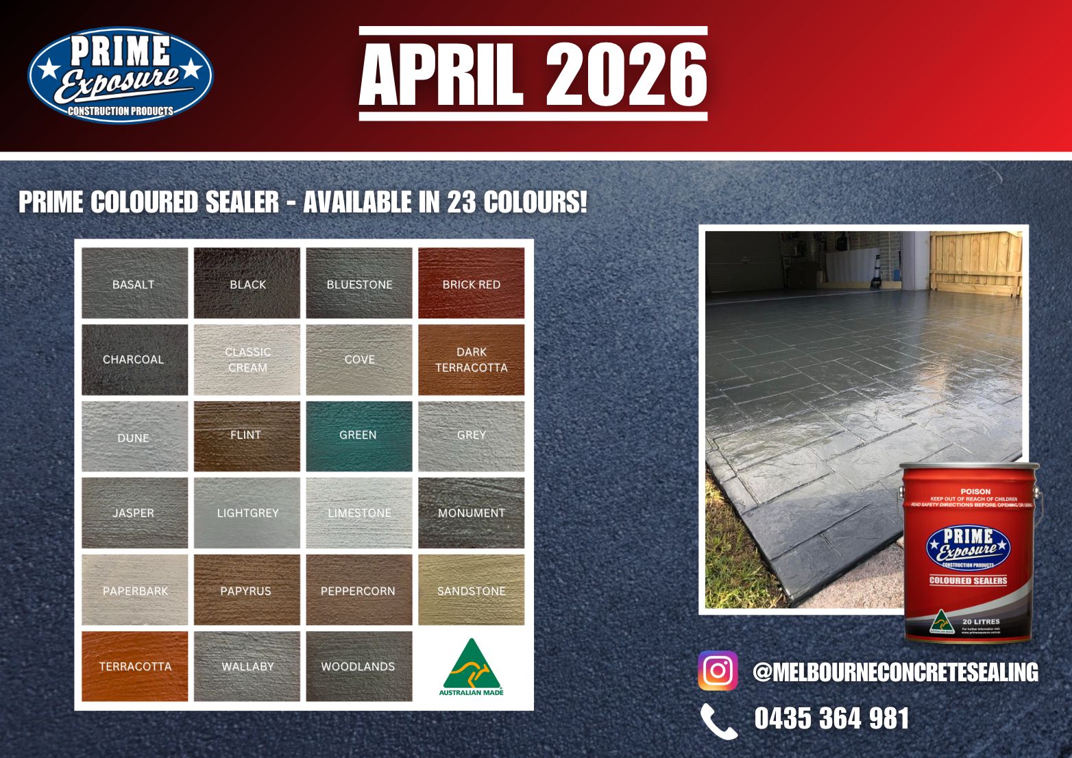 Melbourne Concrete Sealing Colour Chart – Featured in the 2026 Prime Exposure National Calendar, serving Melbourne’s South East and surrounding suburbs.