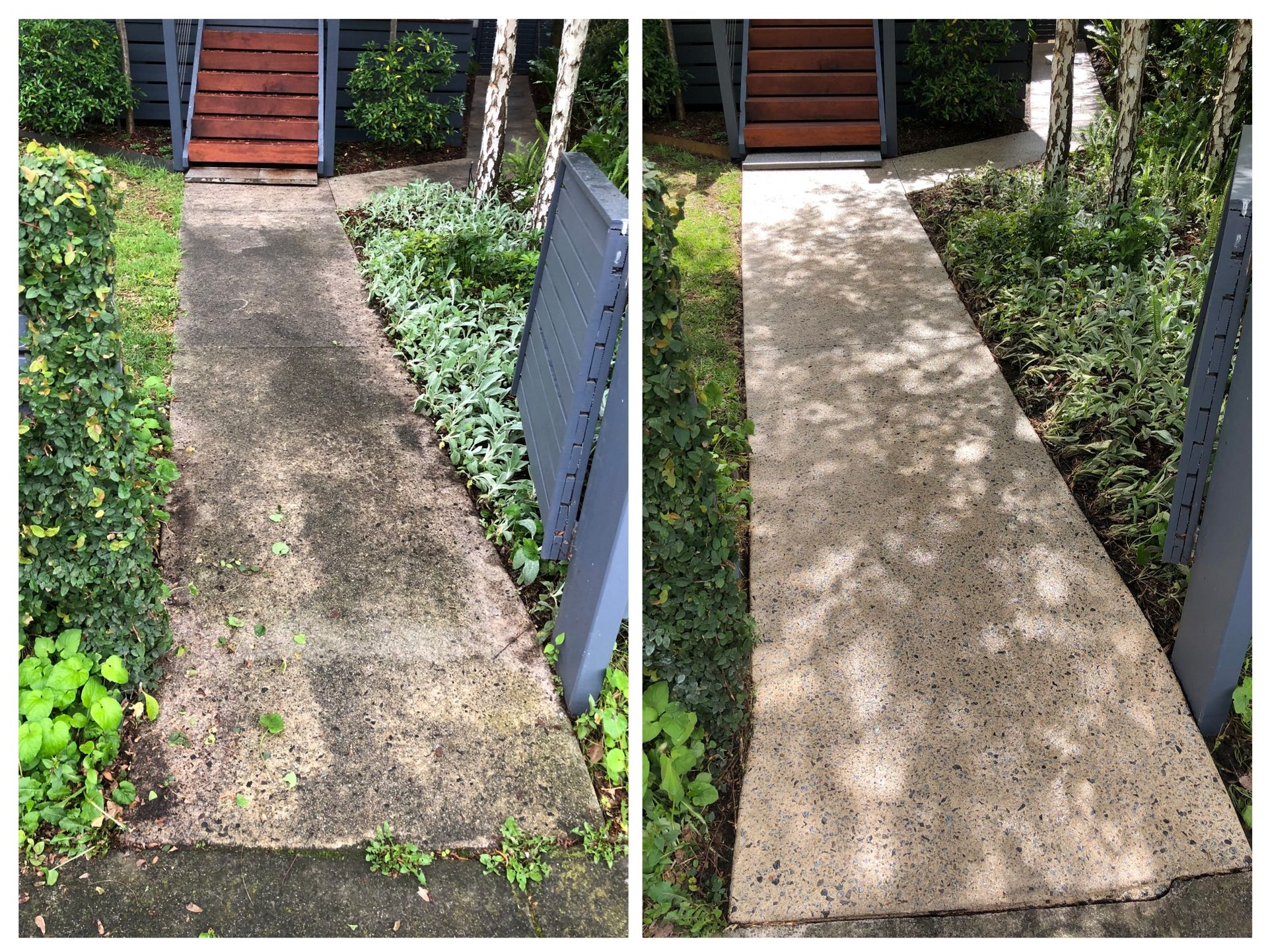 A person is cleaning a concrete surface with a pressure washer.