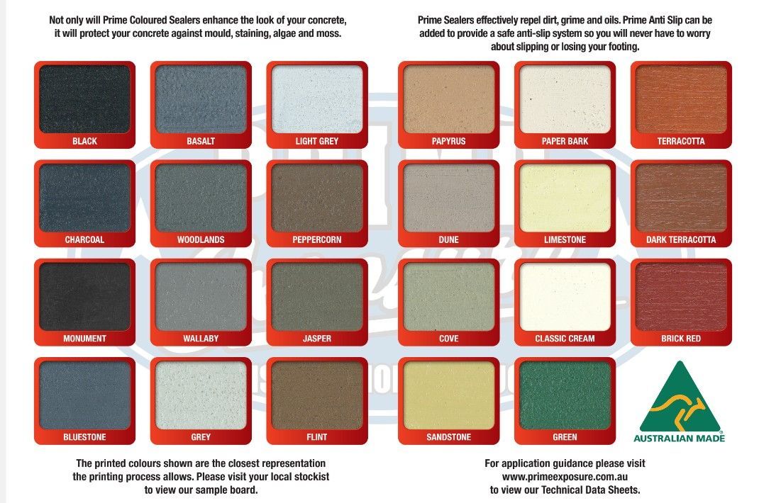 Prime Exposure concrete sealer colour chart selection by Melbourne Concrete Sealing. Professional range of driveway tints and stamped impression colours for Melbourne homes.