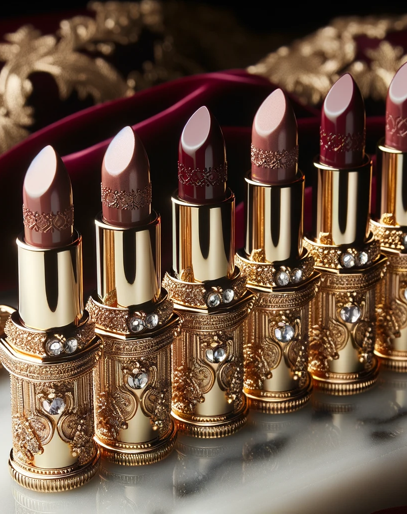 A row of lipsticks are lined up on a table