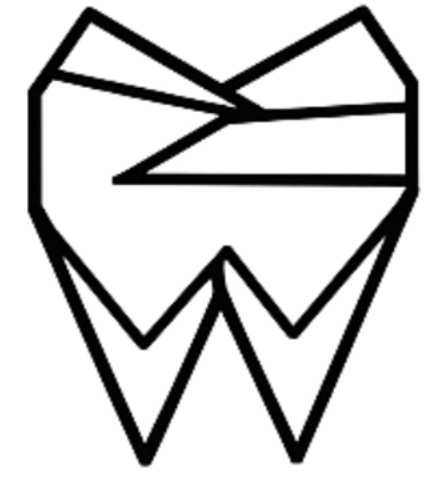 Black and white tooth-shaped logo, top portion angular and filled with geometric shapes, bottom portion resembling