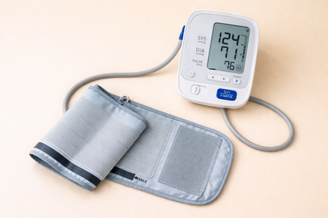 Un misuratore di pressione sanguigna digitale bianco con il relativo bracciale, appoggiato su una superficie chiara.