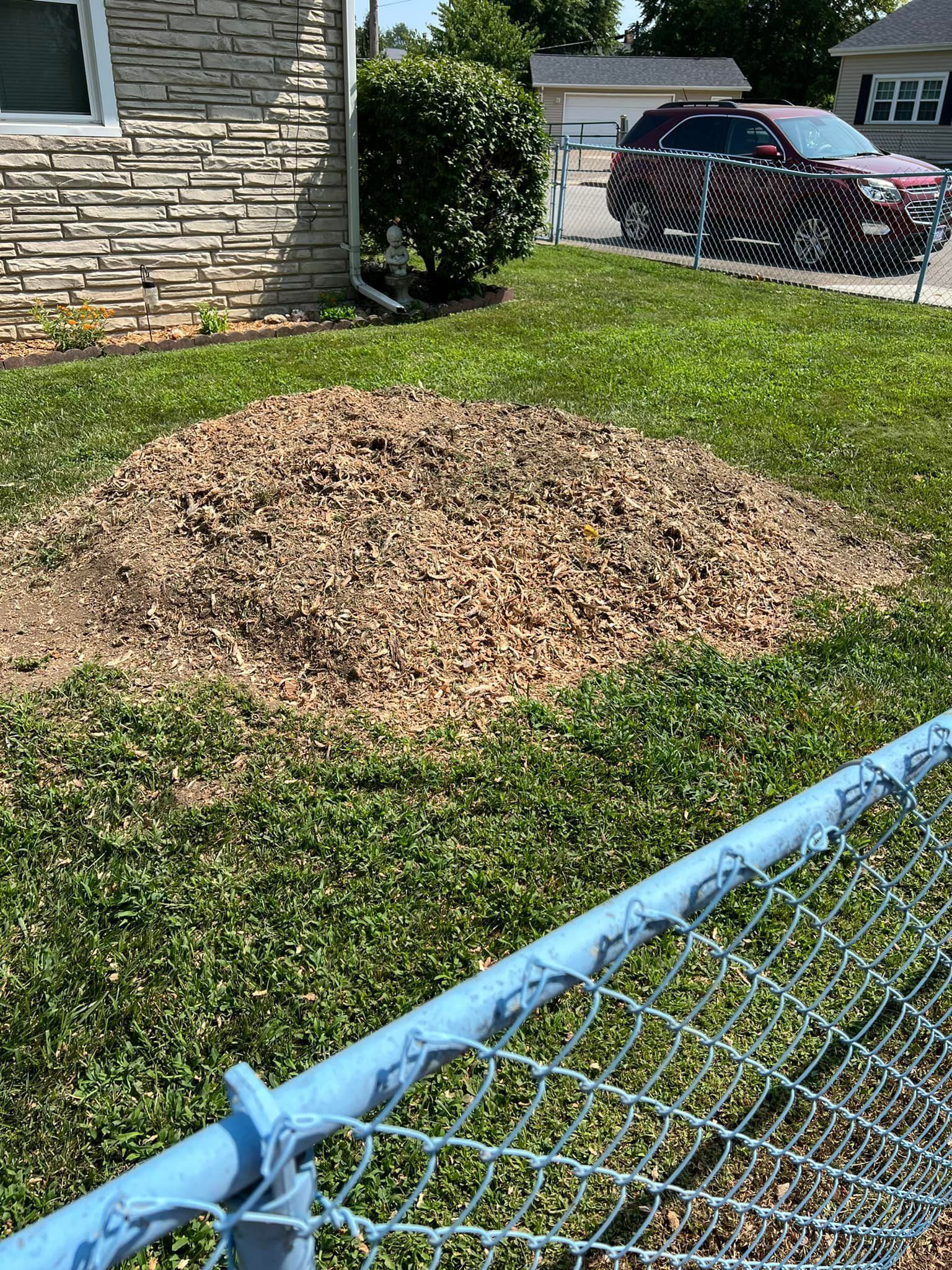 A pile of tree stump in the grass next to a chain link fence