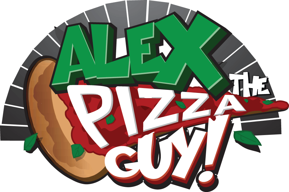 a logo for alex the pizza guy with a pizza on it