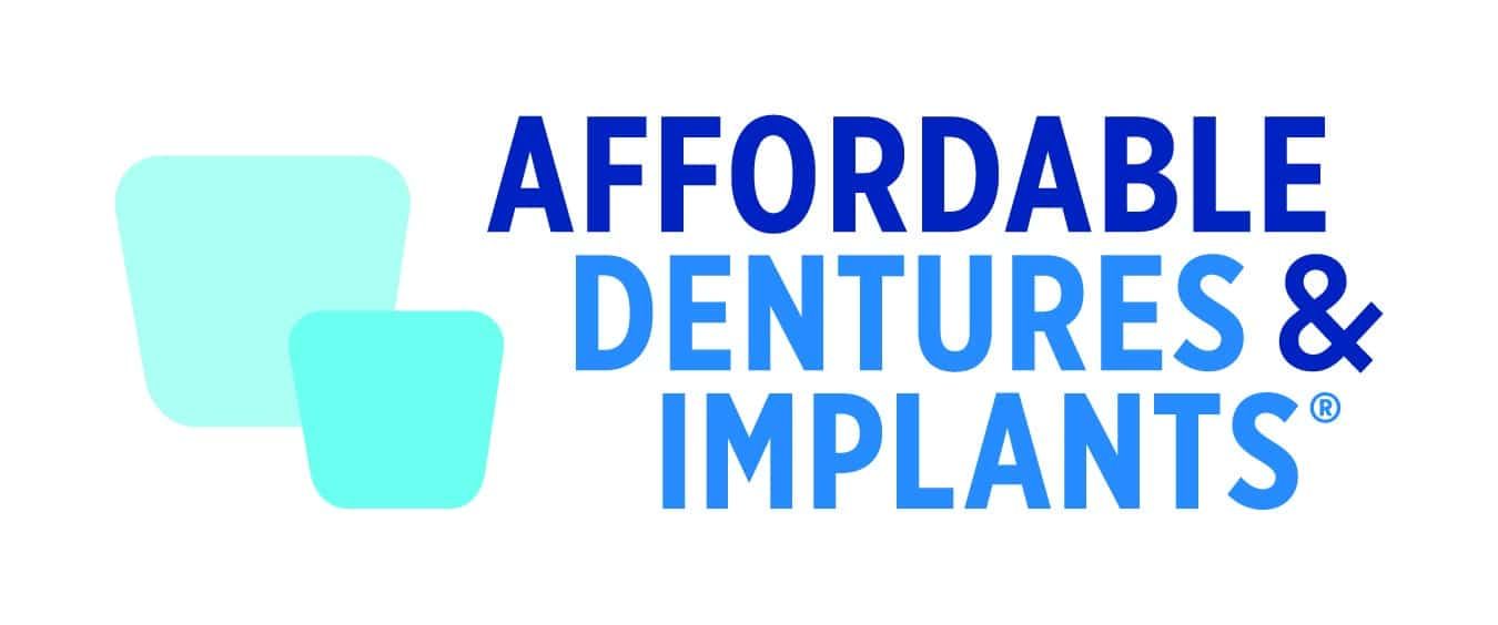 The logo for affordable dentures and implants is blue and white.