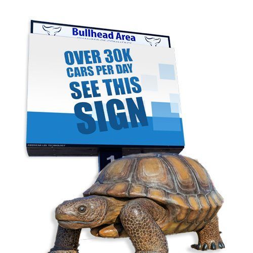 A turtle is standing under a sign that says over 30k cars per day see this sign