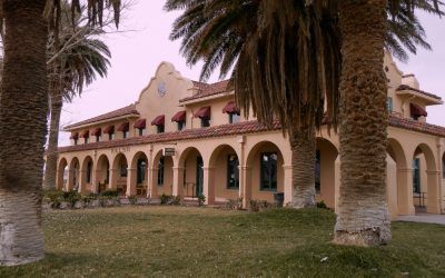 A large building with palm trees in front of it